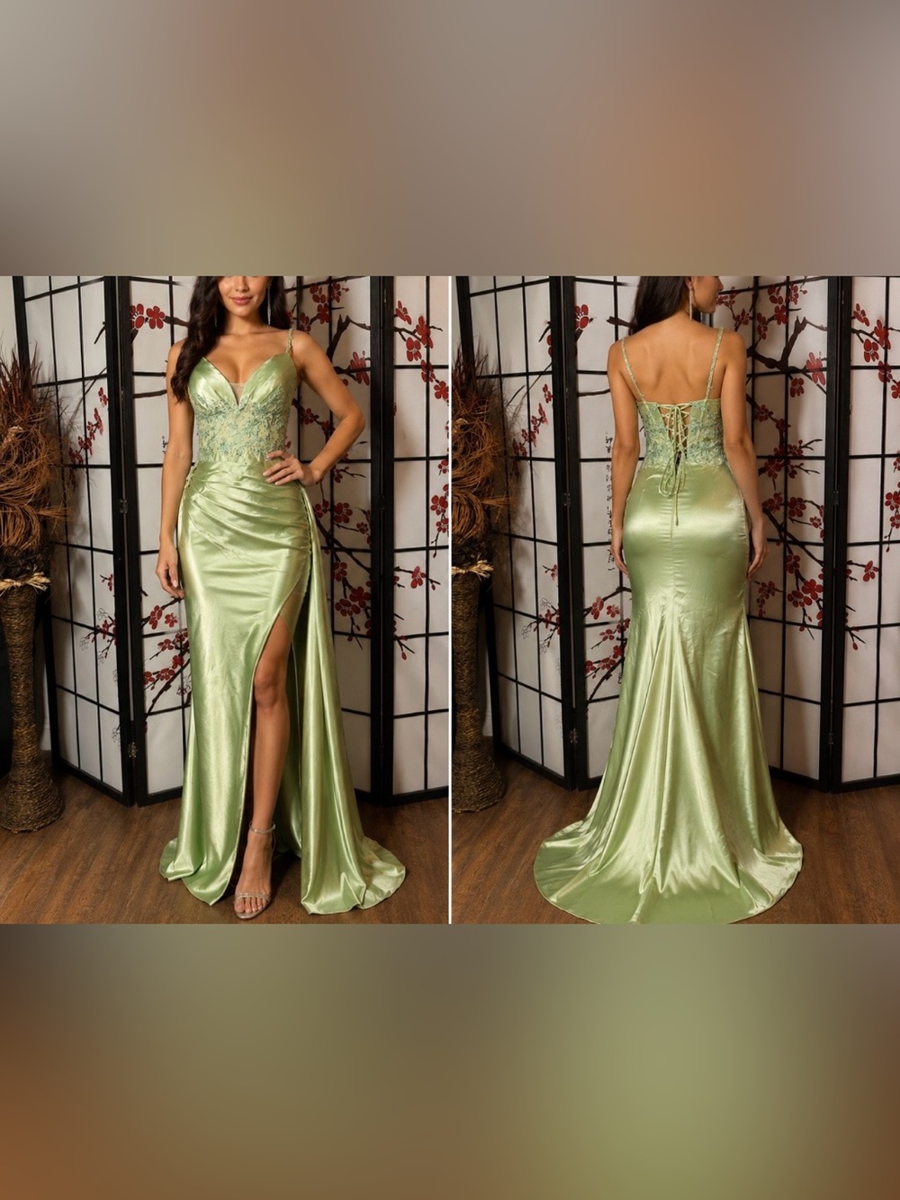 Lace-Up Satin Evening Gown in Light Green